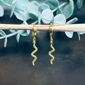 Medusa Snake Huggie Hoop Earrings | Yellow Gold Plated Dangle Charm | Witch Boho